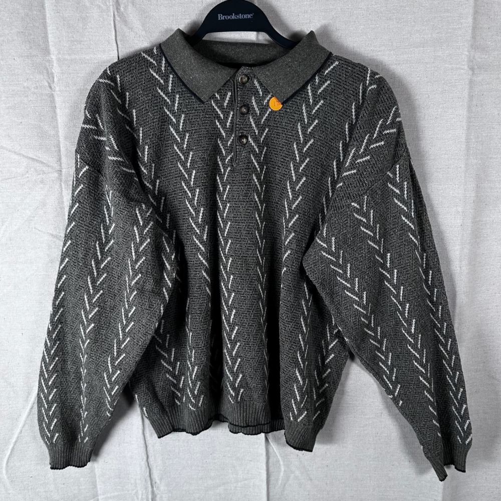 Conte di Milano Mens Gray‎ White Pattern Textured Knit Polo Sweater M Italy